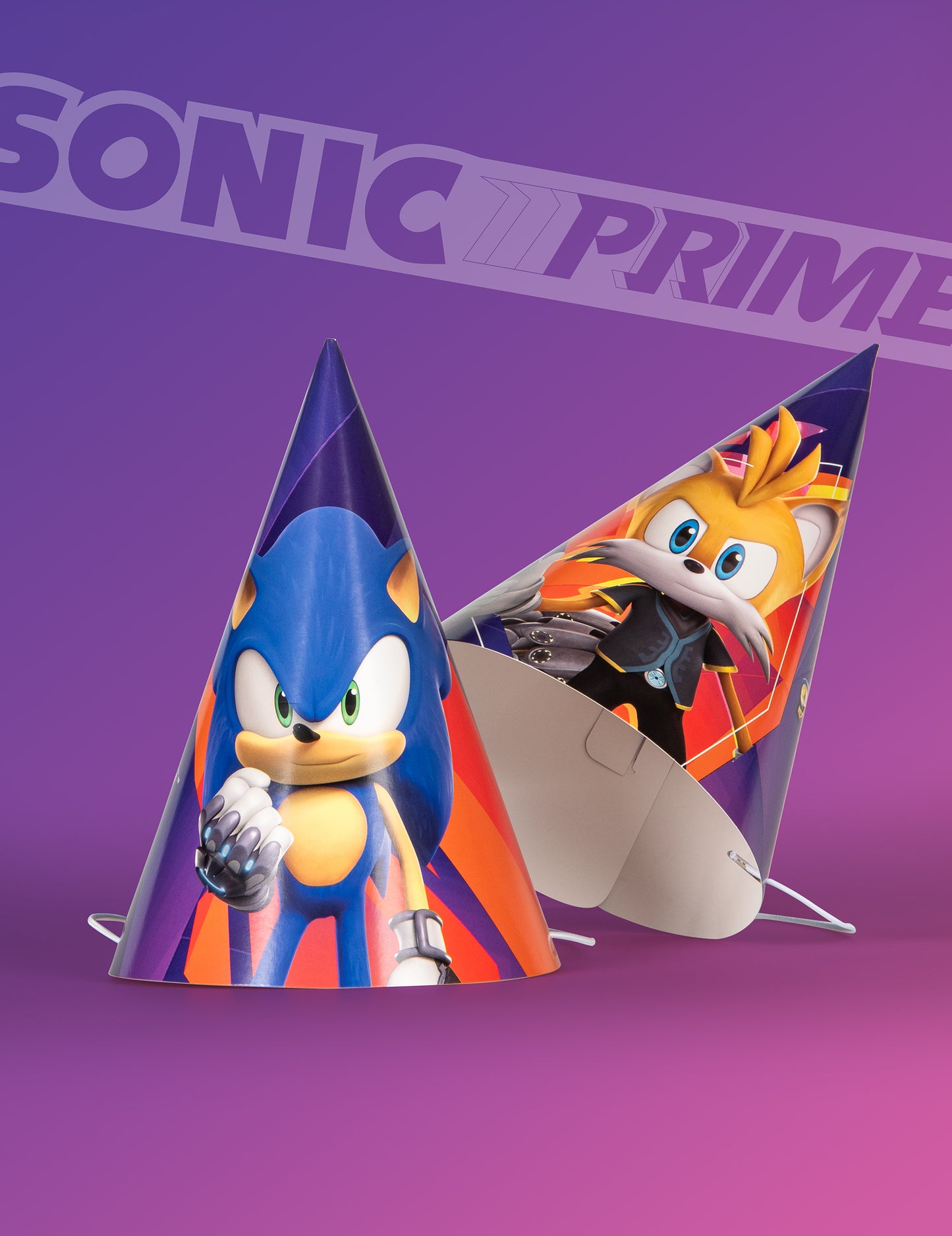 Vue d'ensemble des motifs Sonic et Tails du chapeau de fête Sonic Prime