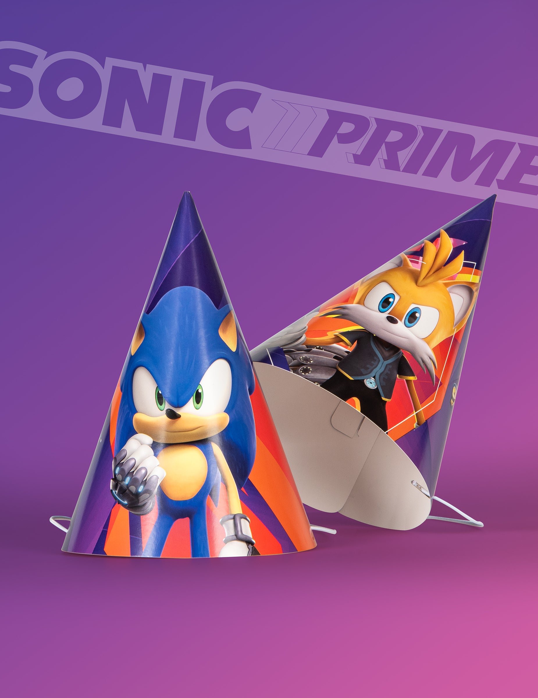 Vue d'ensemble des motifs Sonic et Tails du chapeau de fête Sonic Prime