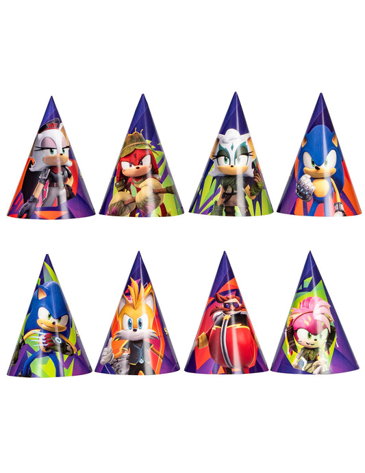 Détail des huit motifs variés du chapeau de fête Sonic Prime