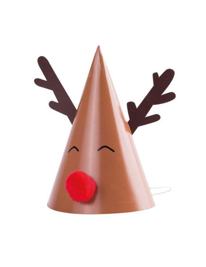 8 картонени шапки Рудолф с червен помпон 11 x 17 cm 