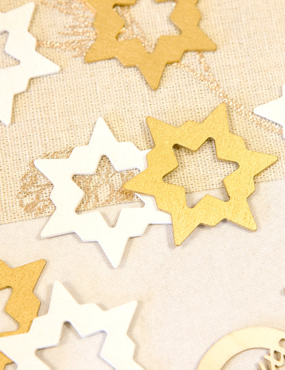 8 дървени конфети за маса с бели и златни звезди, 5 x 4,4 см cm за Коледа