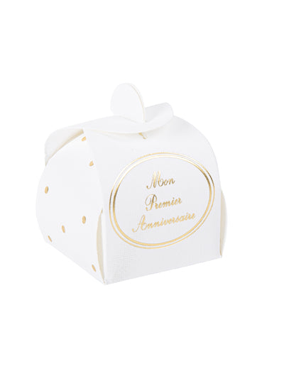 Contenant à dragées Mon Premier Anniversaire pour bébé blanc et pois dorés
