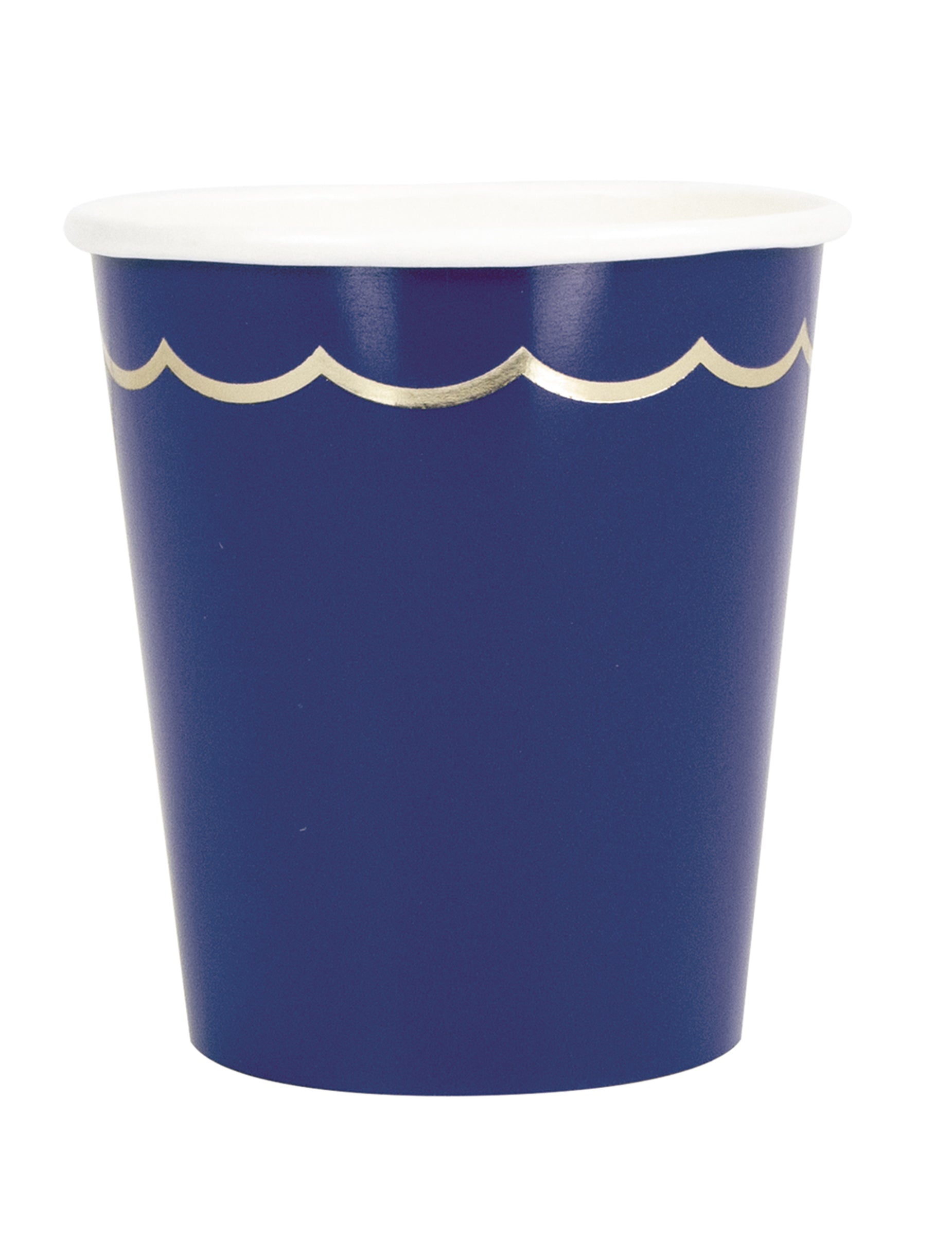 Gobelets en carton festonnés chic pour fête bleu marine et or