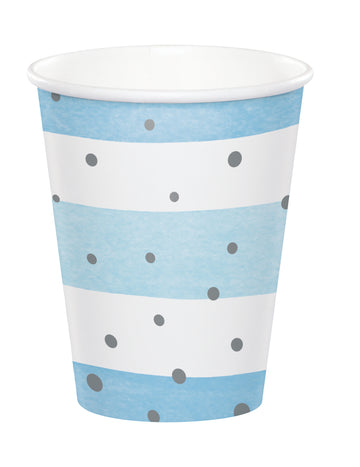 8 синьо-бели картонени чаши със сребърни точки, 256 мл, на райета