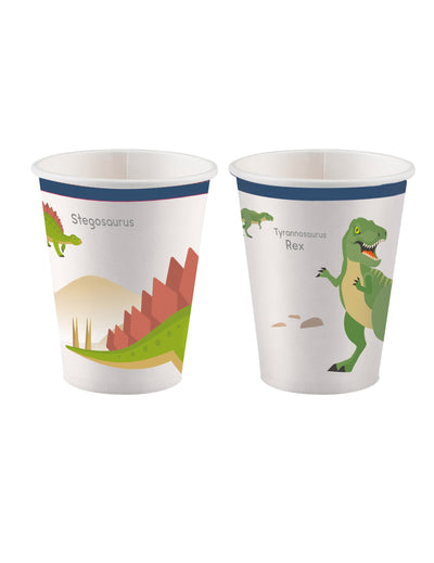 Gobelets en carton grands dinosaures pour anniversaire enfant blancs avec T-Rex et stégosaure