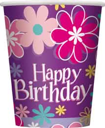 Картонени чаши Happy Birthday за парти с виолетови цветя