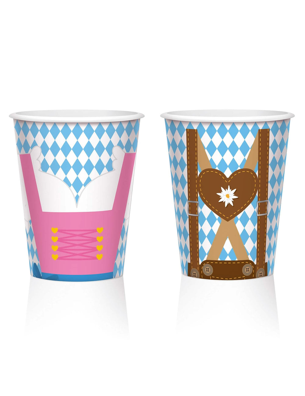 Gobelets en carton fête de la bière bleu et blanc avec motifs Dirndl et Lederhosen