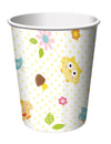 Gobelets en carton petits hiboux pour anniversaire blanc à pois jaunes et fleurs