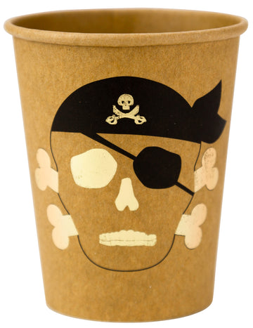 8 пиратски чаши от крафт хартия със златна облицовка, 255 мл, дизайн с череп и кръстосани кости