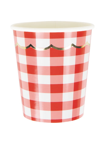 8 червено-бели карирани картонени чаши с фестончета, 200 мл