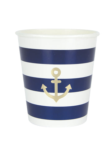 8 картонени чаши с фестончета, 200 мл, с морски райета и златна котва