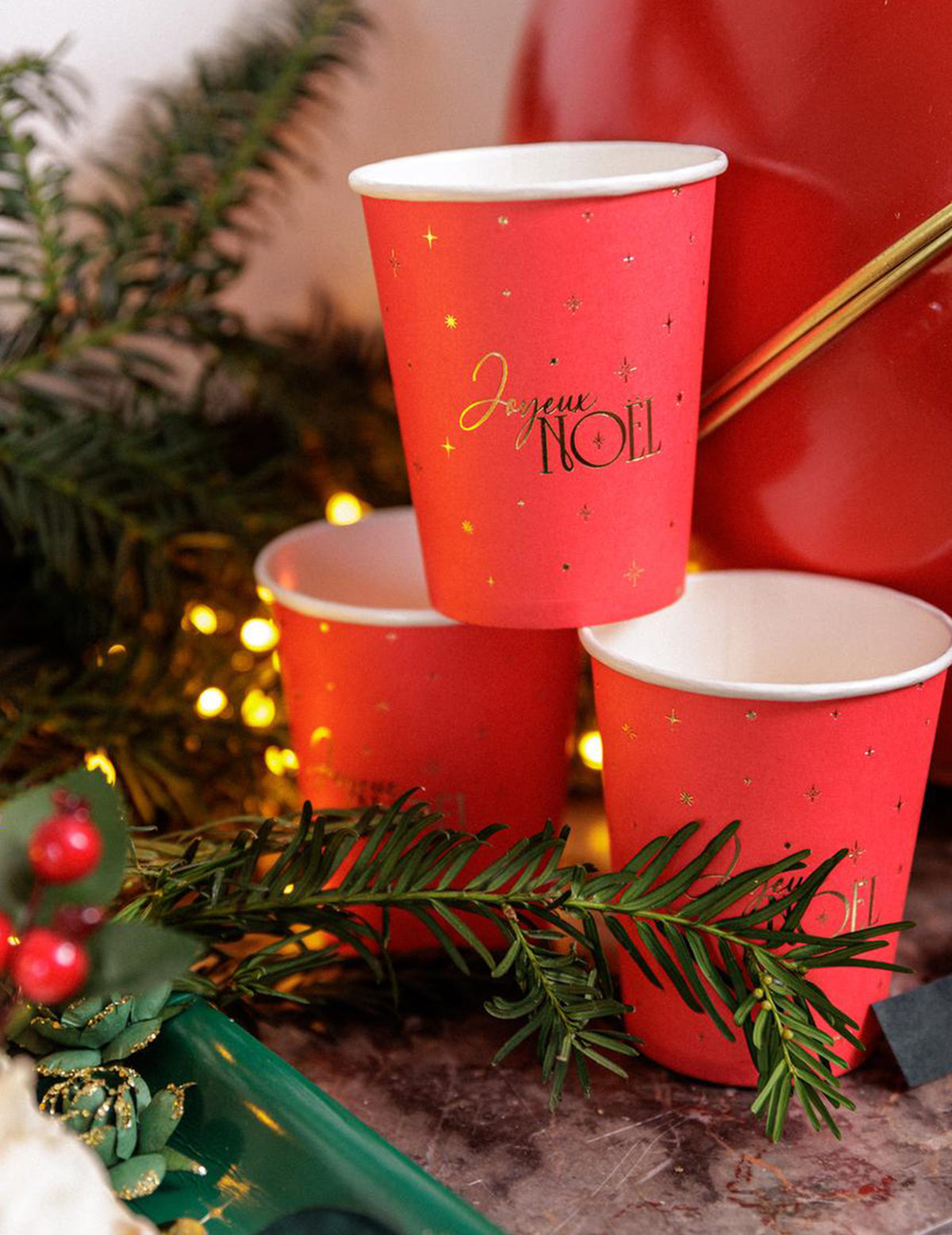 8 gobelets Joyeux Noël L'Intemporel rouge et or 25,5 cl
