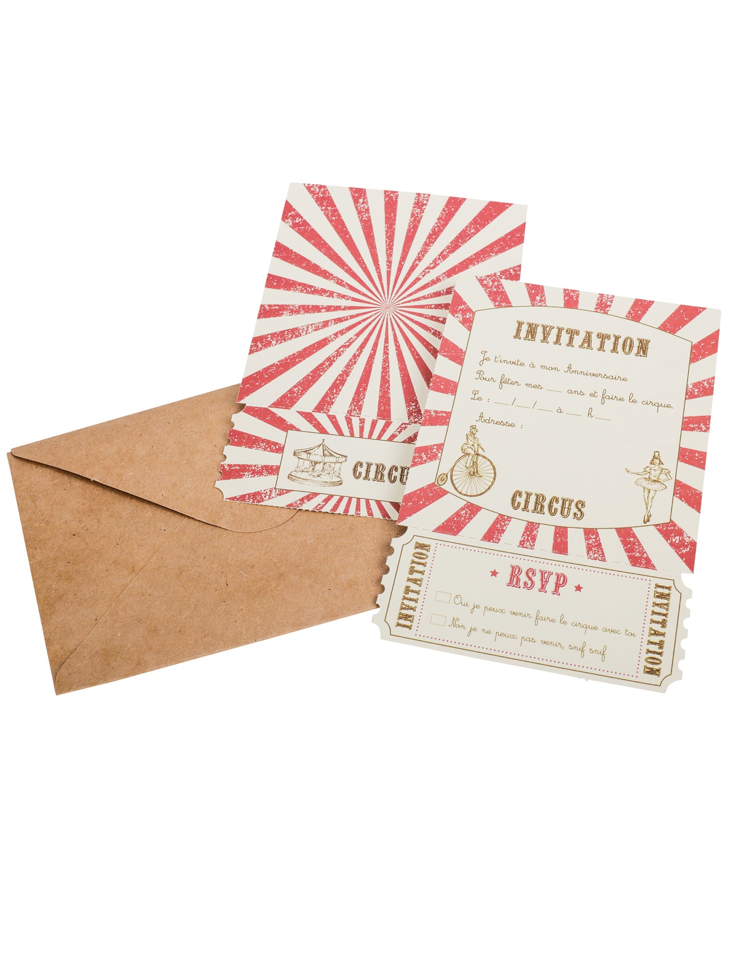 8 invitations cirque vintage 10 x 15 cm avec enveloppes kraft