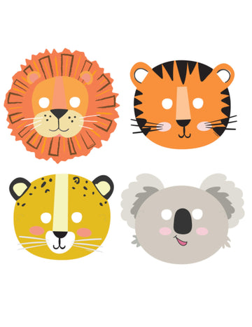 8 masques en carton têtes d'animaux get wild pour anniversaire multicolores lion tigre koala et léopard