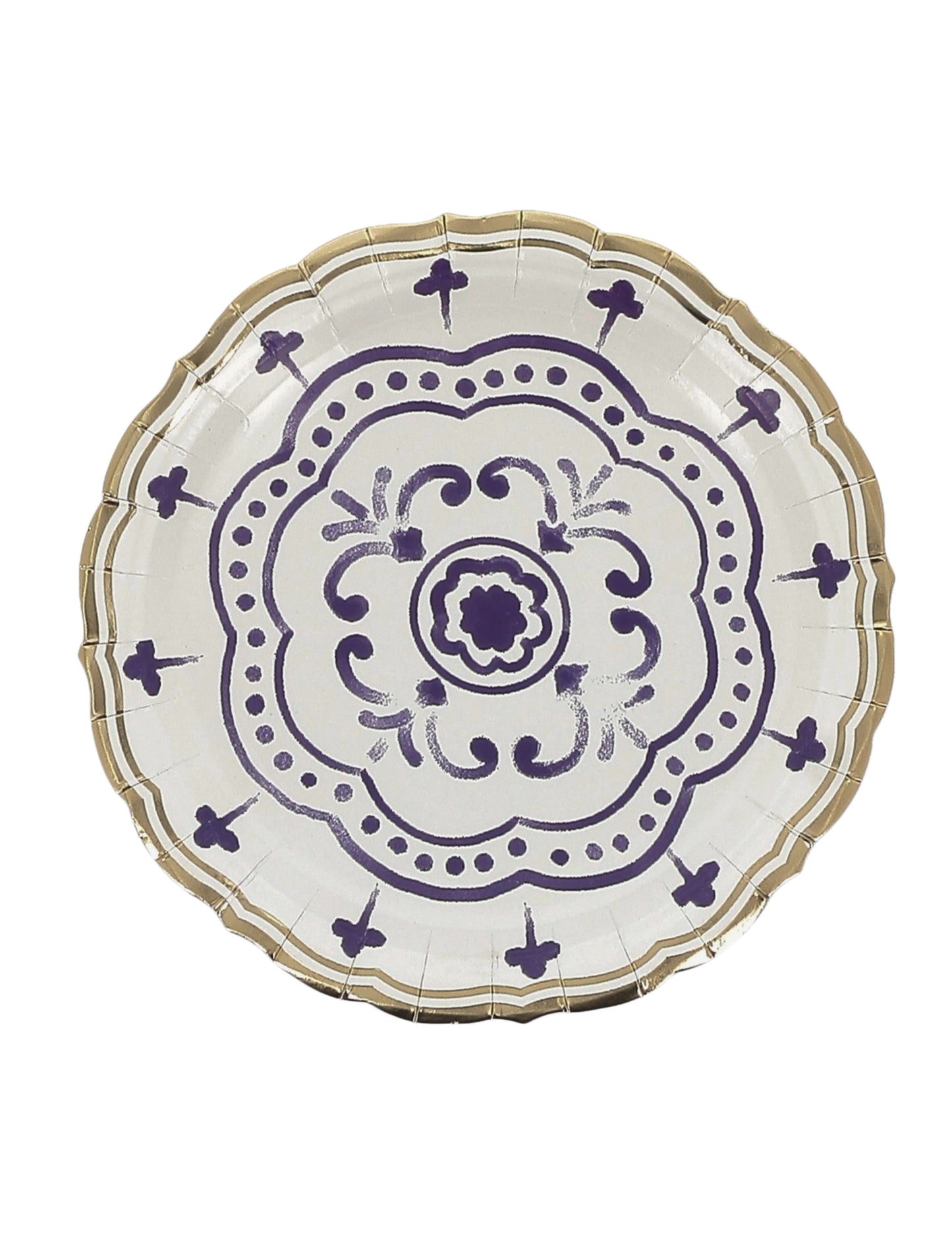 8 малки картонени чинийки в кралско синьо, бяло и златно, 18 см, средиземноморски мотив