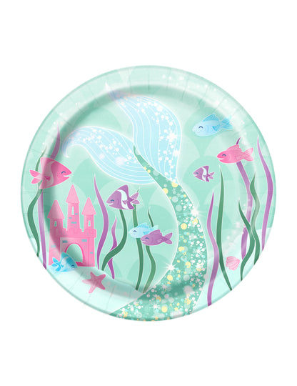 Assiettes en carton jolie sirène pour enfant bleu turquoise avec décor marin