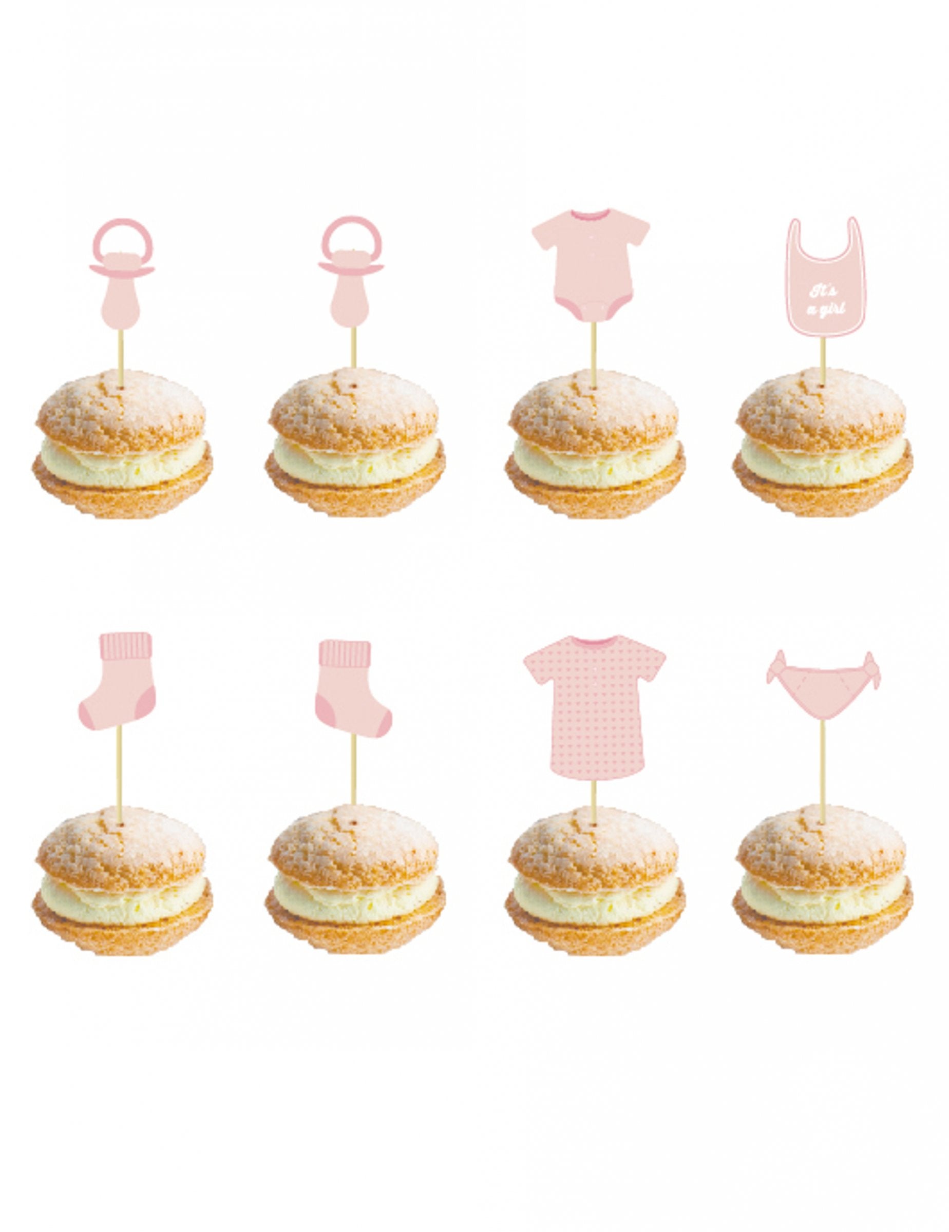 Pics en bois bébé pour baby shower rose aux motifs variés