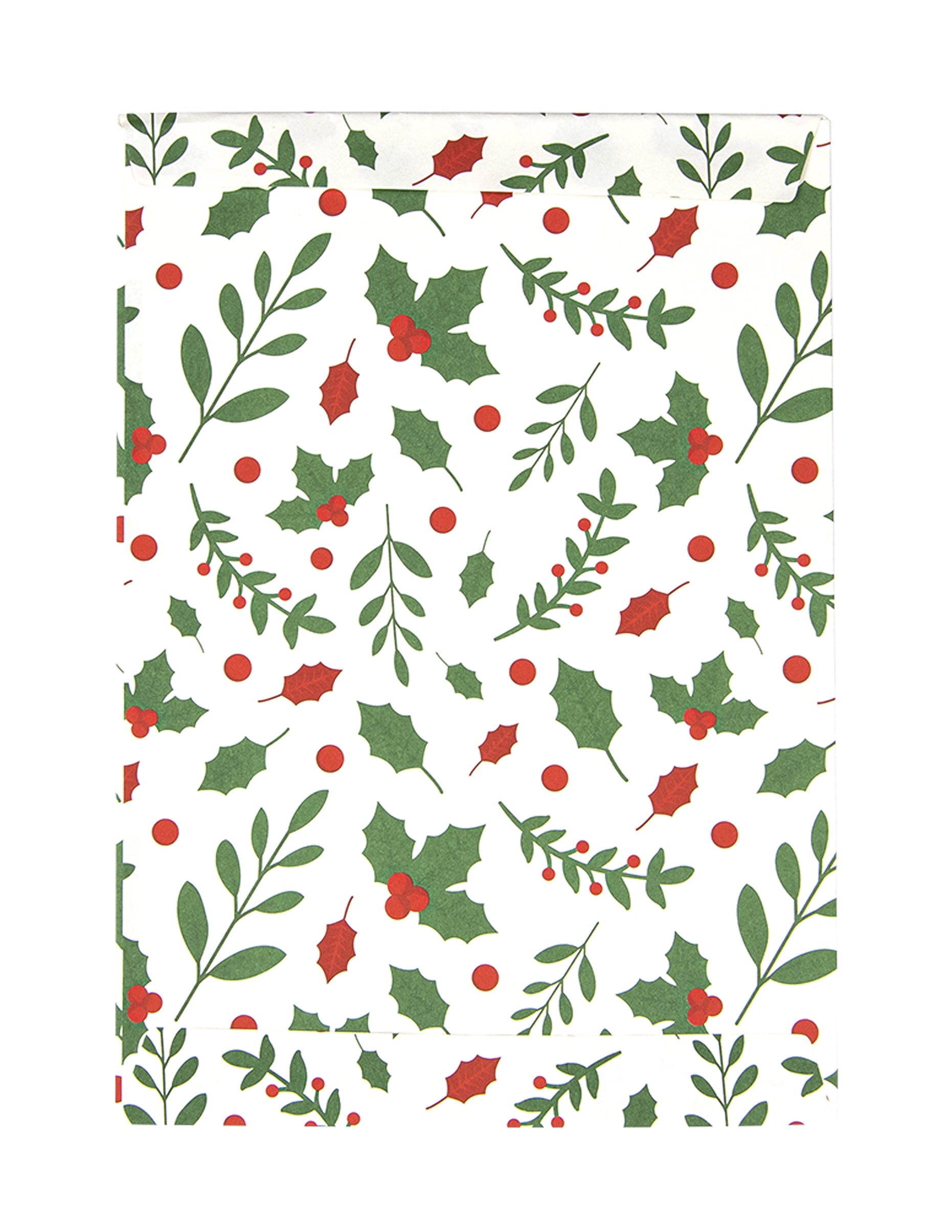 Pochettes cadeaux houx de Noël en papier blanc à motifs rouges et verts