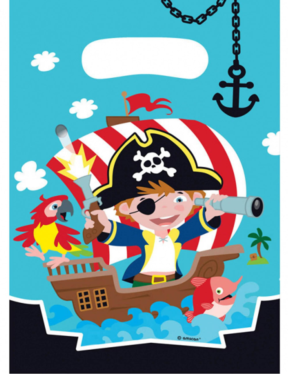 Sachets de fête plastique pirate pour anniversaire bleu avec illustration de navire et perroquet