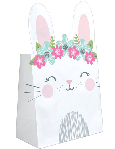 Sacs cadeaux en papier Petit Lapin blancs avec couronne de fleurs pastel