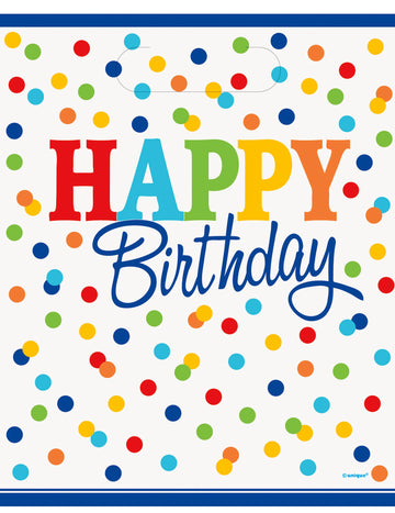 8 парти плика за подаръци Happy Birthday на цветни точки от пластмаса с дръжки 