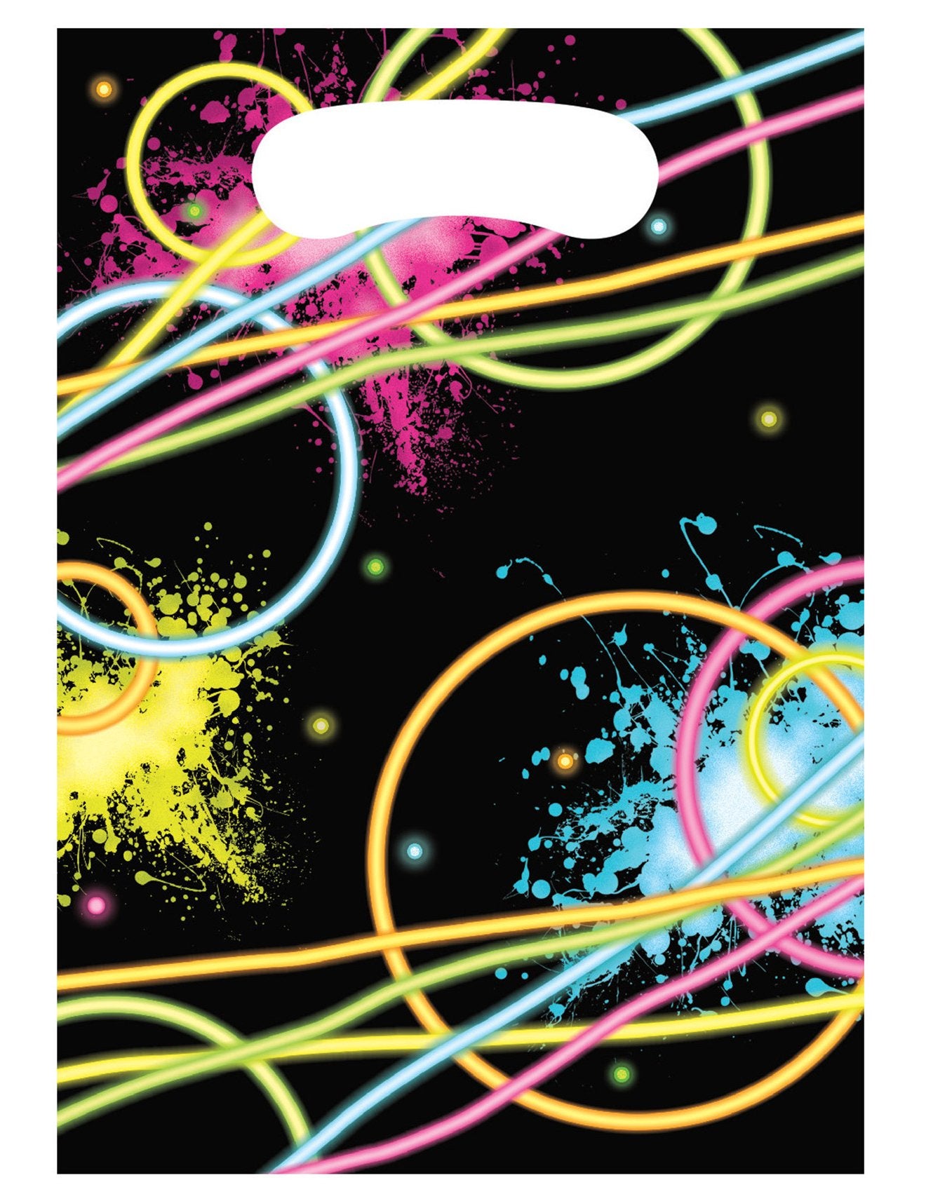 8 sacs cadeaux en plastique Glow Party pour invités noir avec motifs néon multicolores