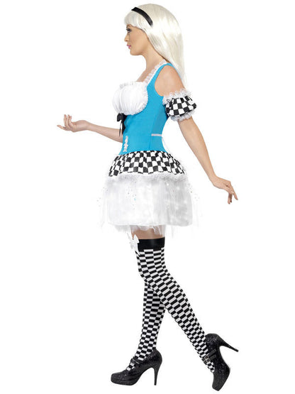 Дамски приказен костюм на Алиса със светещ ефект в светлосиньо, бяло и черно 