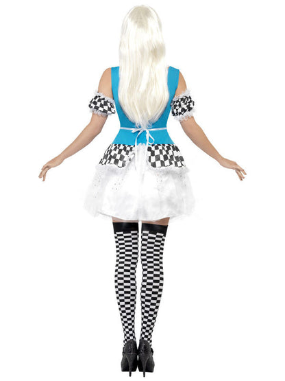 Дамски приказен костюм на Алиса със светещ ефект в светлосиньо, бяло и черно 