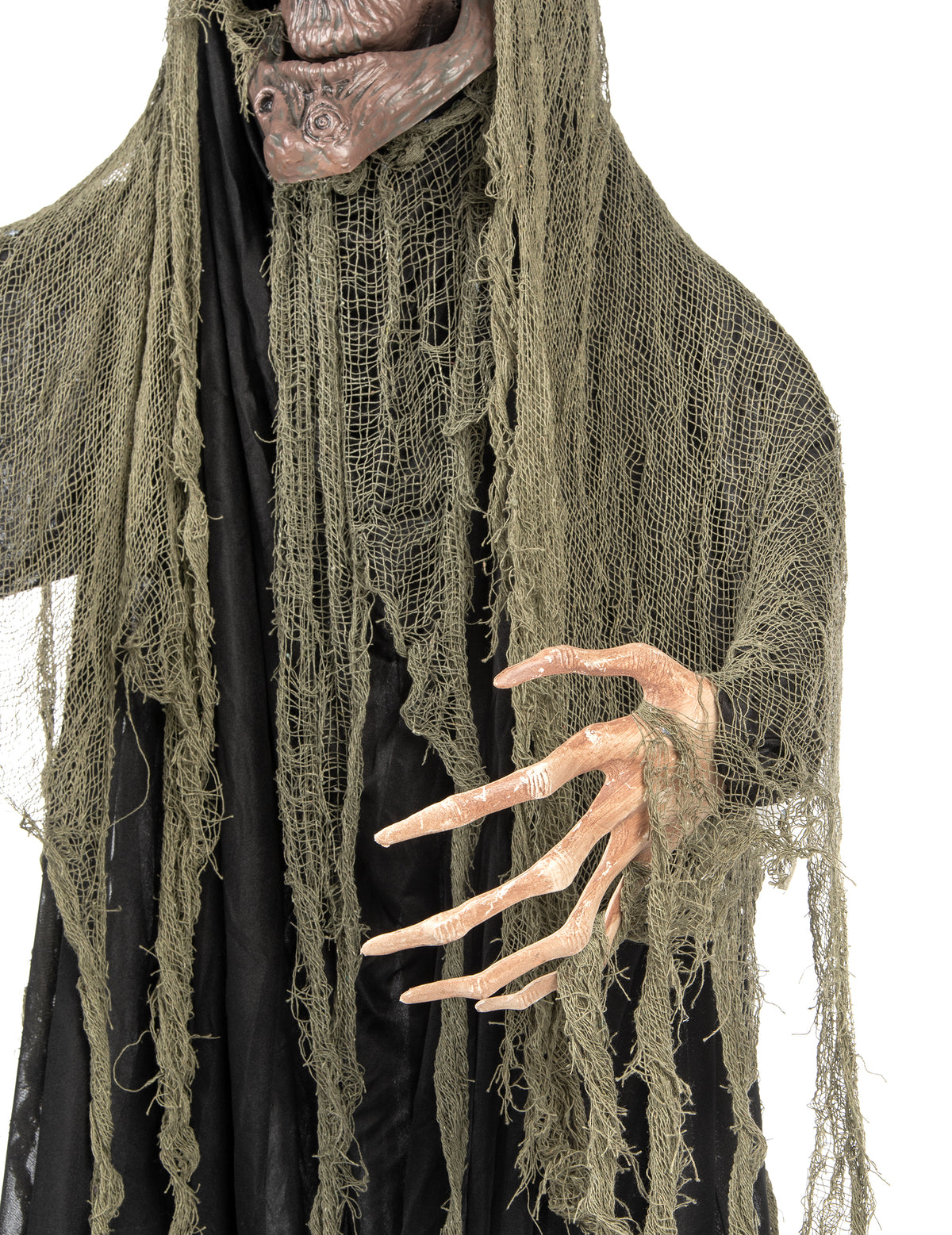 Détail de la main griffue et du visage de l'arbre hanté articulé lumineux et sonore Halloween
