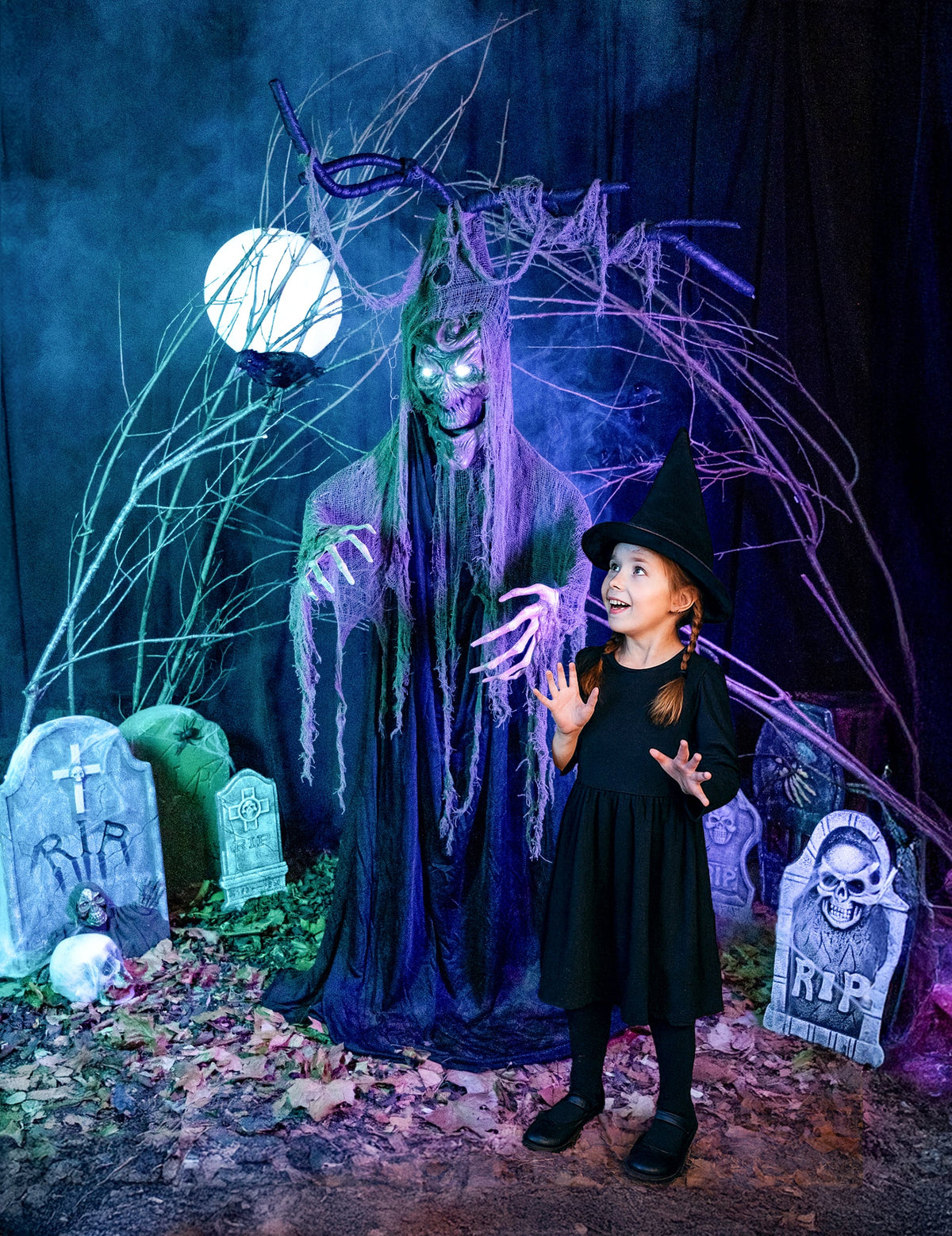 Arbre hanté articulé lumineux et sonore Halloween pour décoration gris et violet avec yeux lumineux