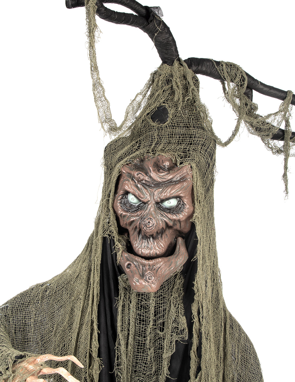Gros plan sur le visage de l'arbre hanté articulé lumineux et sonore Halloween