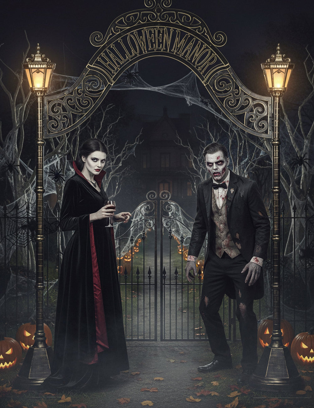 Arche Halloween Manoir Hanté avec lanternes lumineuses noires et dorées
