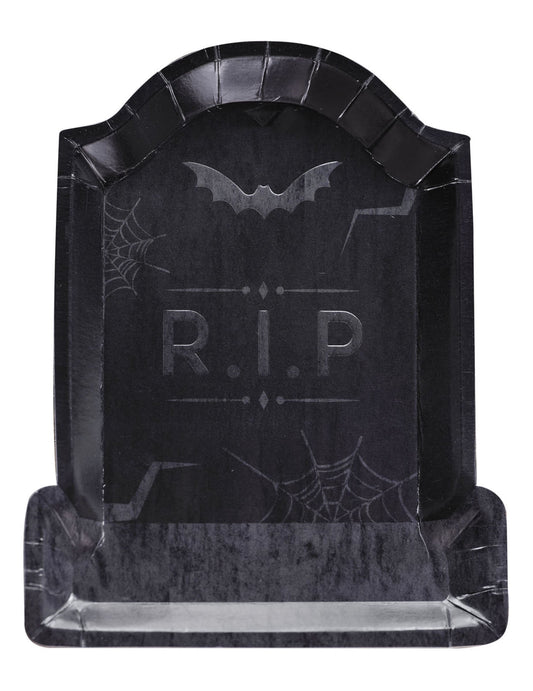 Assiettes en carton pierre tombale RIP pour Halloween noires avec motifs chauve-souris et toiles d'araignée