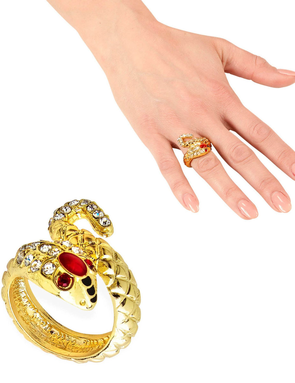 Bague serpent pour femme dorée avec strass et pierres rouges