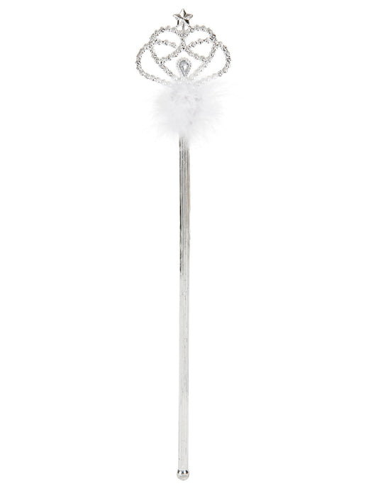 Baguette de princesse pour enfant argentée avec fourrure blanche