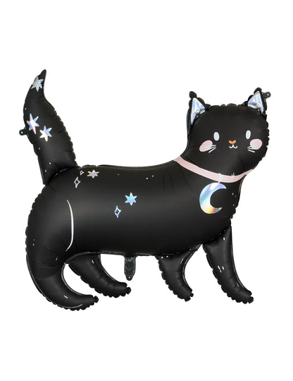Ballon aluminium chat noir pour Halloween noir avec étoiles et lune holographiques