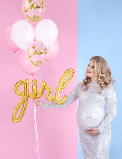 Mise en situation pour baby shower du ballon aluminium girl doré