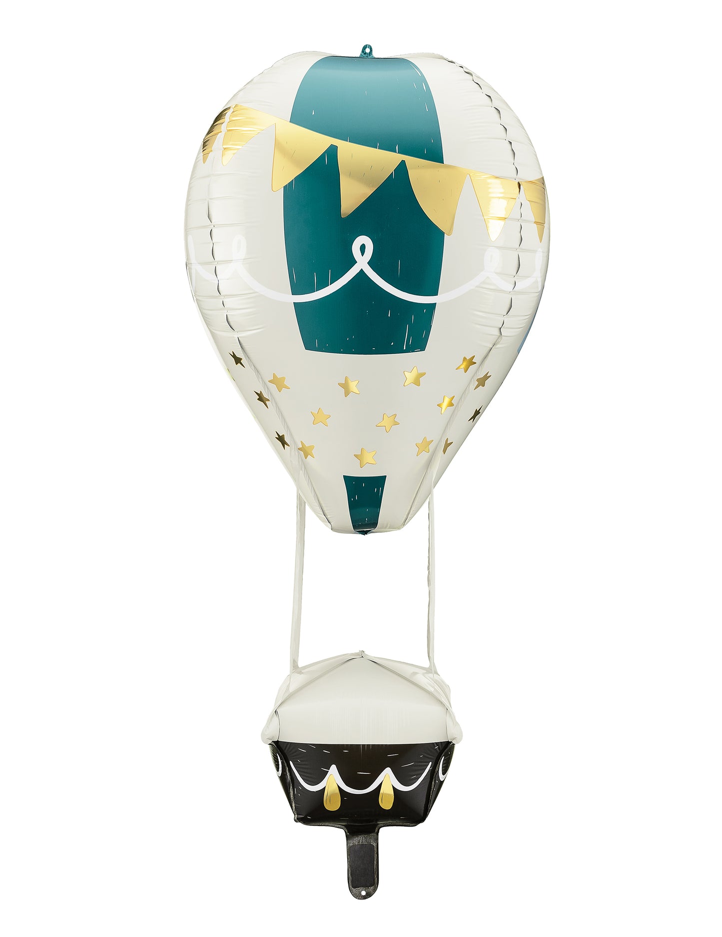 Ballon aluminium montgolfière blanc et vert avec étoiles et fanions dorés
