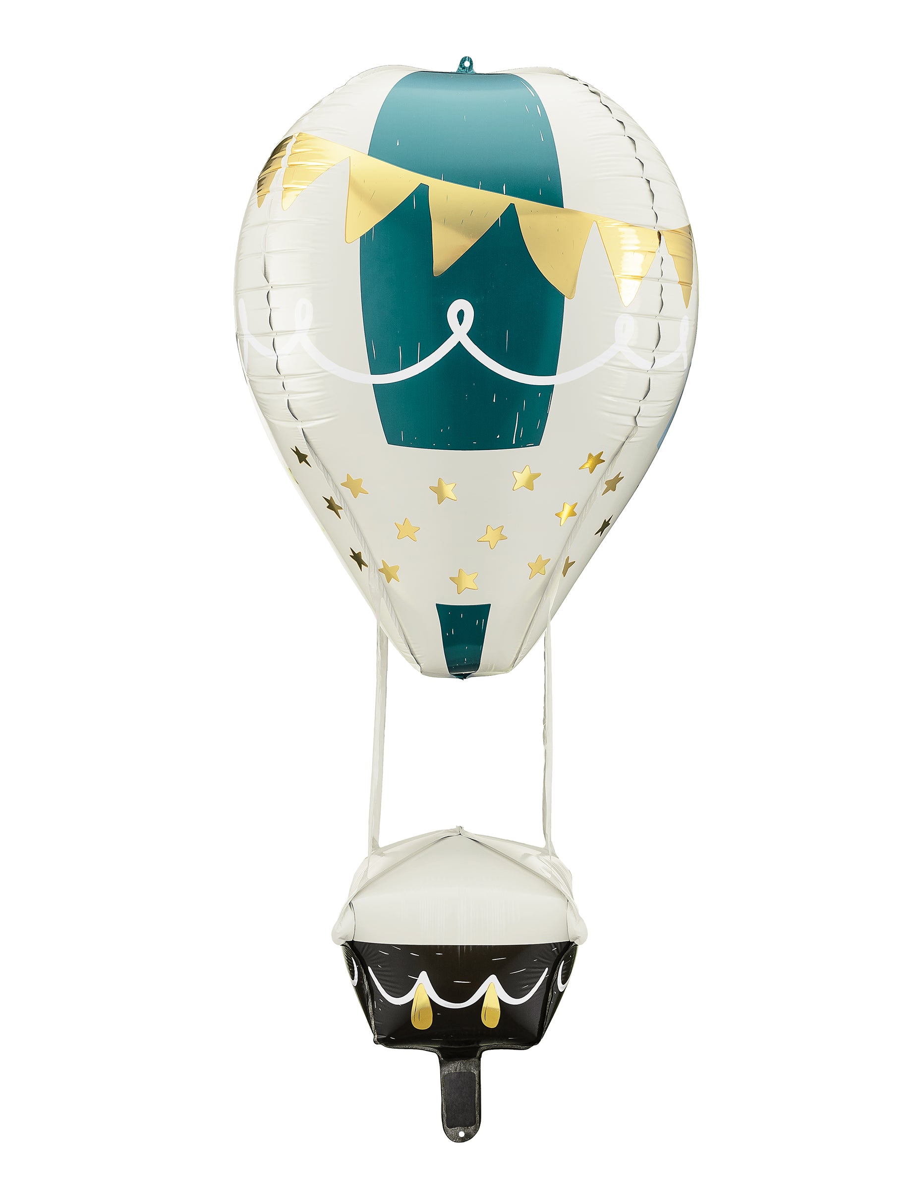 Ballon aluminium montgolfière blanc et vert avec étoiles et fanions dorés