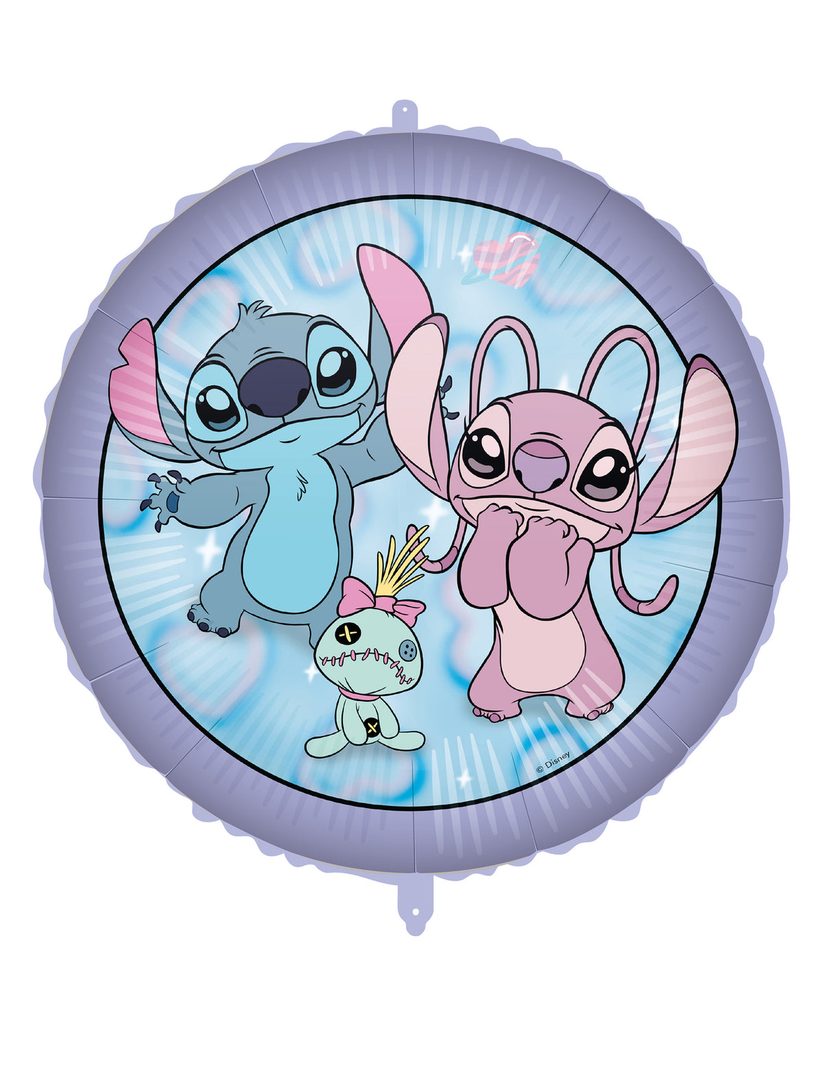 Ballon aluminium rond Angel et Stitch pour enfant bleu et violet avec Scrump