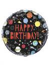 Ballon en aluminium happy birthday univers pour anniversaire noir avec planètes et fusées