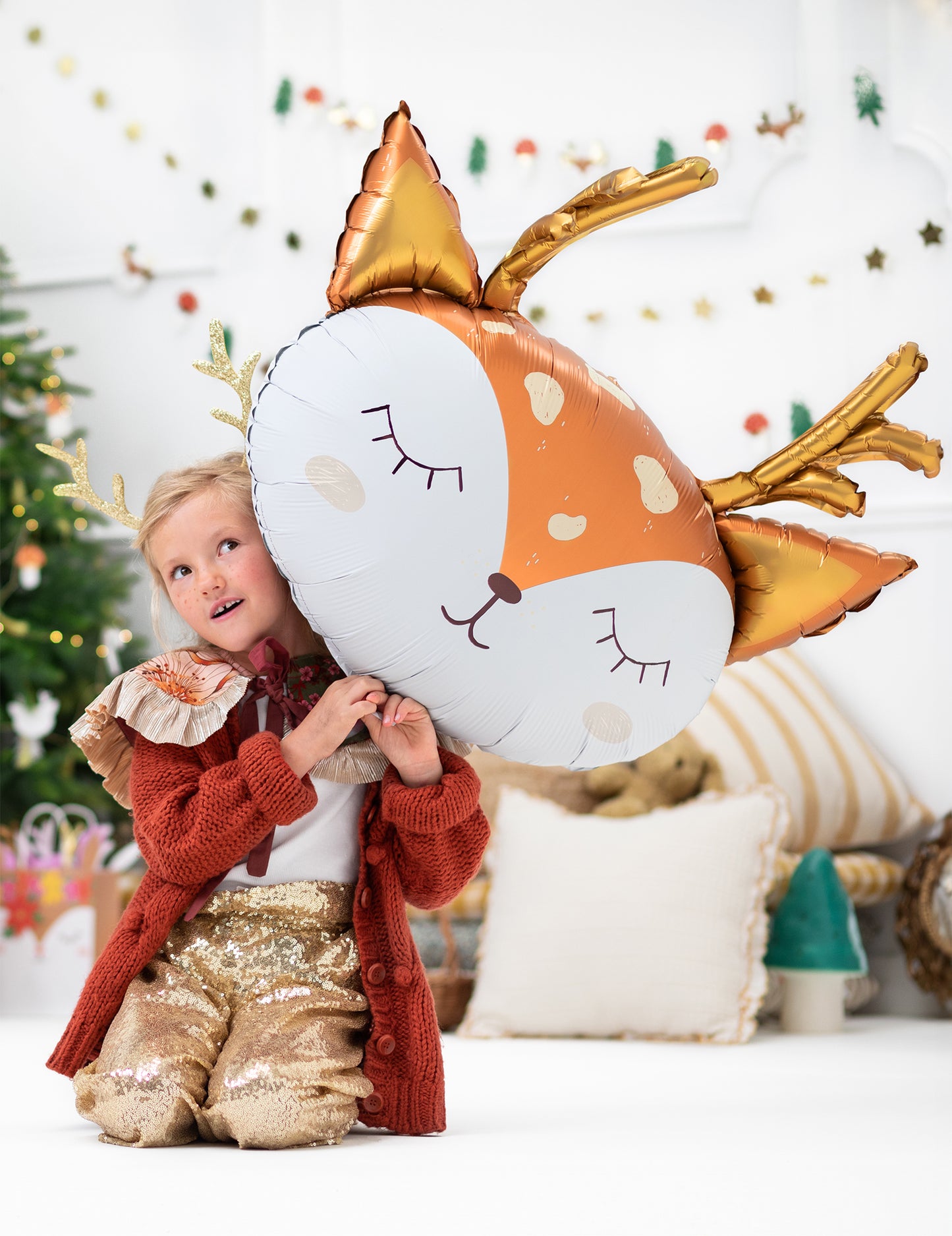 Ballon géant en aluminium tête de cerf pour enfant orange blanc et doré