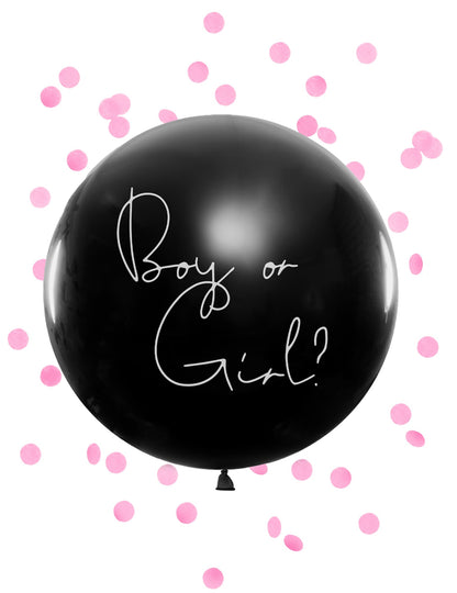 Ballon géant en latex boy or girl pour baby shower noir avec confettis roses