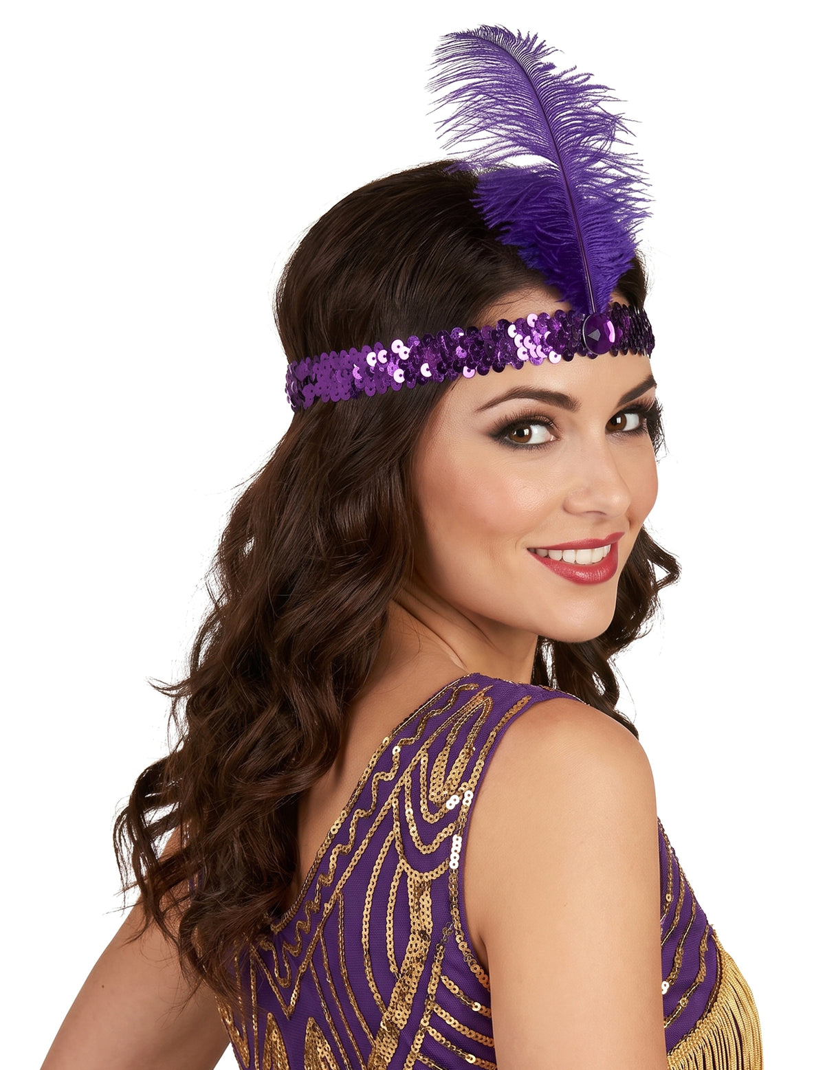 Bandeau charleston à sequins et plume violette femme