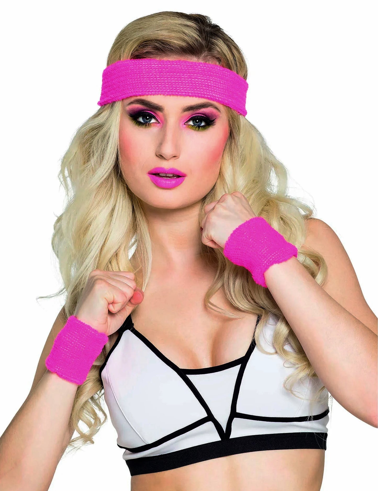 Bandeau et poignets 80's pour adulte rose fluo