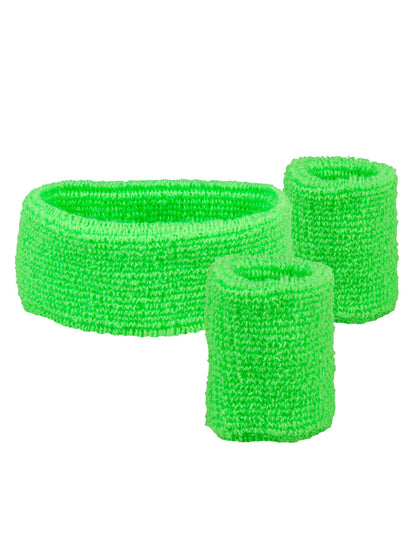 Vue rapprochée du lot du bandeau et poignets 80's pour adulte