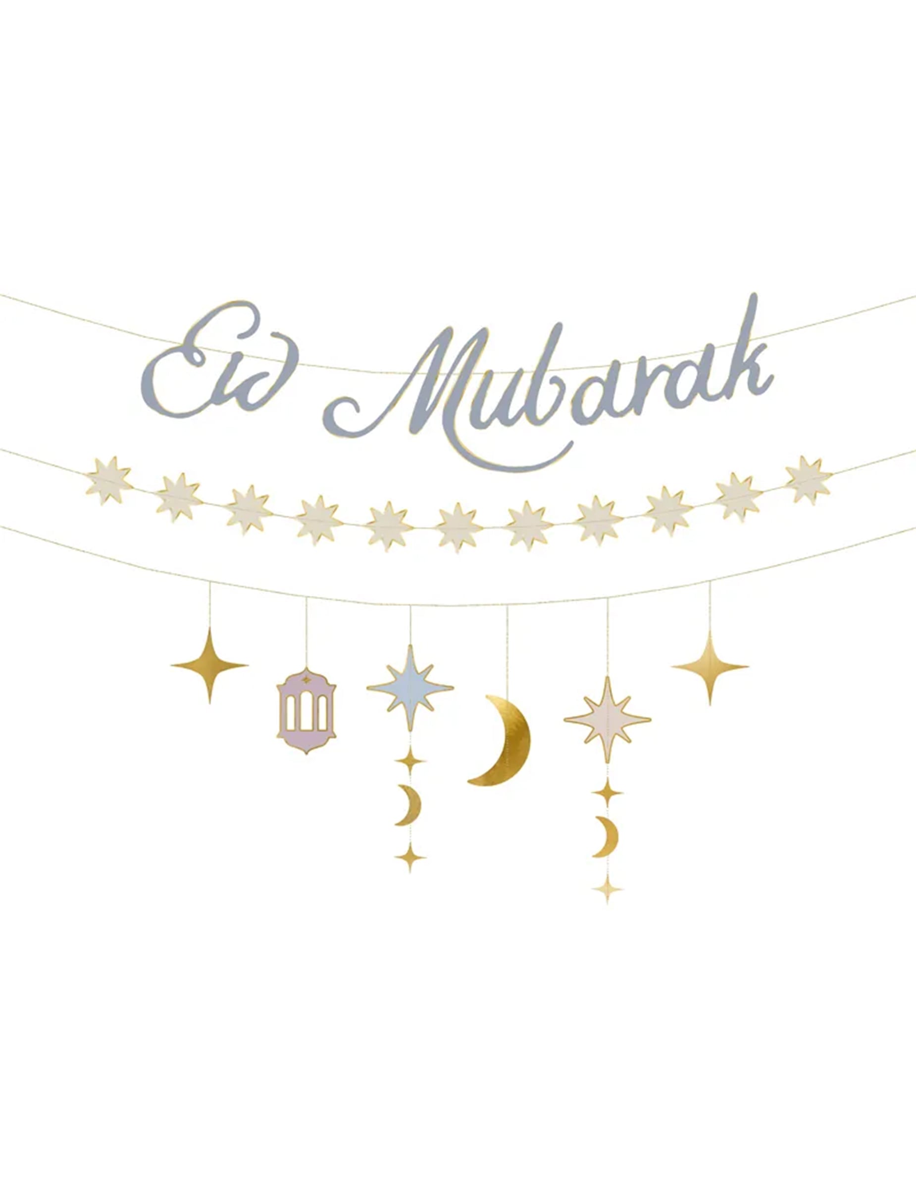 3 guirlandes en carton Eid Mubarak pour fête or et argent