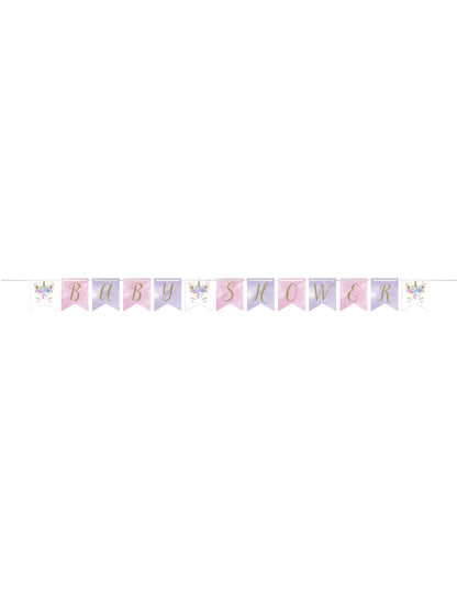 Vue d'ensemble de la bannière à fanions licorne féerique pour baby shower