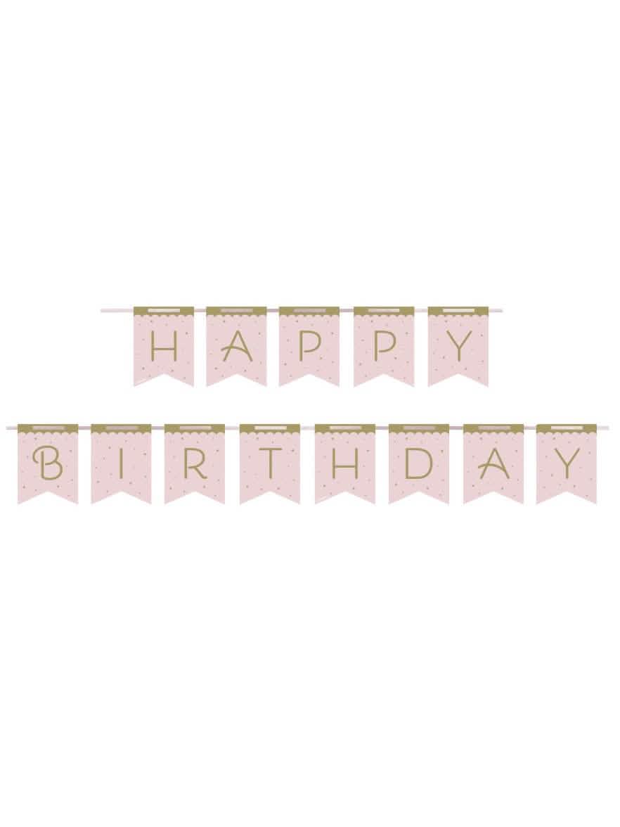 Картонен банер Happy Birthday розов и златист кралски лебед