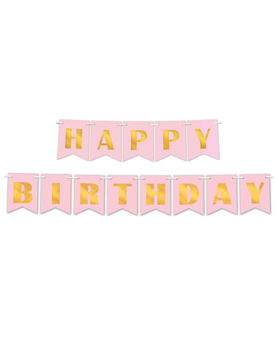 Bannière en papier happy birthday pour anniversaire rose poudré et or métallisé